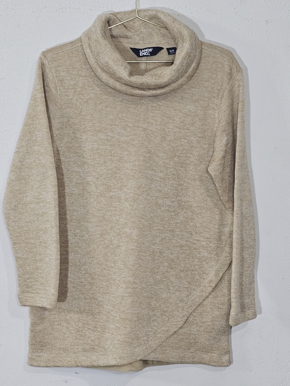 Lands' End Women’s MP Petite Fleece Cowl Neck Sweater Beige Tulip Hem Minimalist